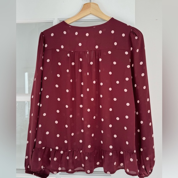 LOFT Polkadot dropped waste burgundy blouse size M tie neck - Picture 2 of 5